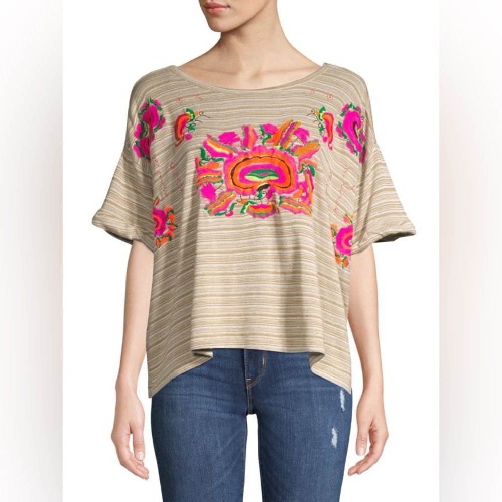 Free People Catalunya Tee Women Size XS Oversized Embroidered